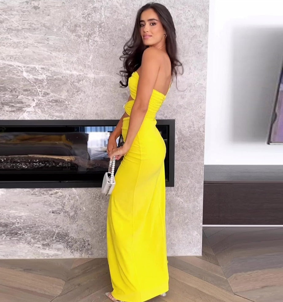 Yellow One-Shoulder Maxi Dress with Cutouts -  - DINIBLO 