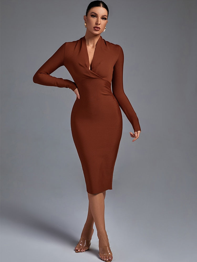 Draped Tan Bandage Dress - Dresses - DINIBLO 