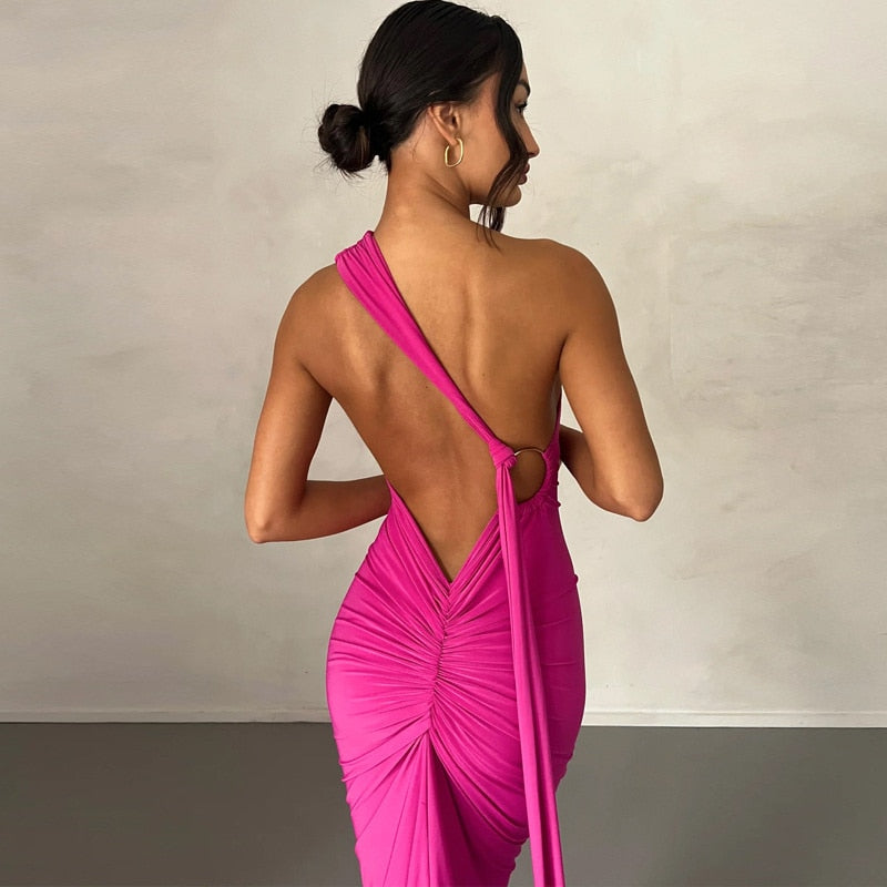 Draped Maxi Dress with Asymmetrical Neckline -  - DINIBLO 