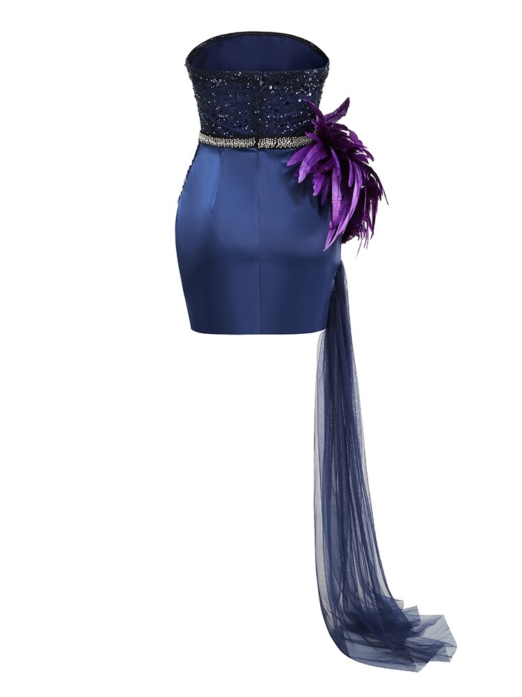 Navy Blue Sequin Feather Cocktail Dress - Dresses - DINIBLO 