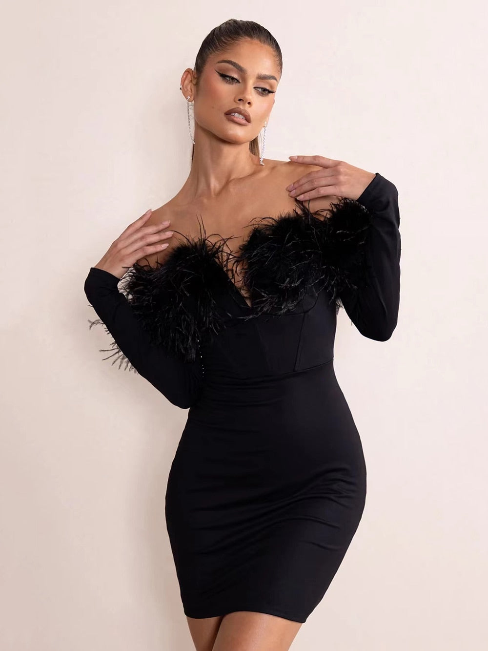 Off Shoulder Feather Mini Dress - Dresses - DINIBLO 