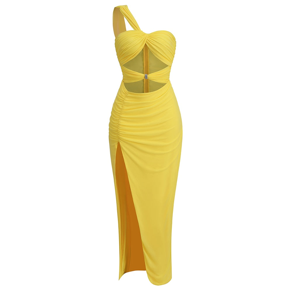 Yellow One-Shoulder Maxi Dress with Cutouts -  - DINIBLO 