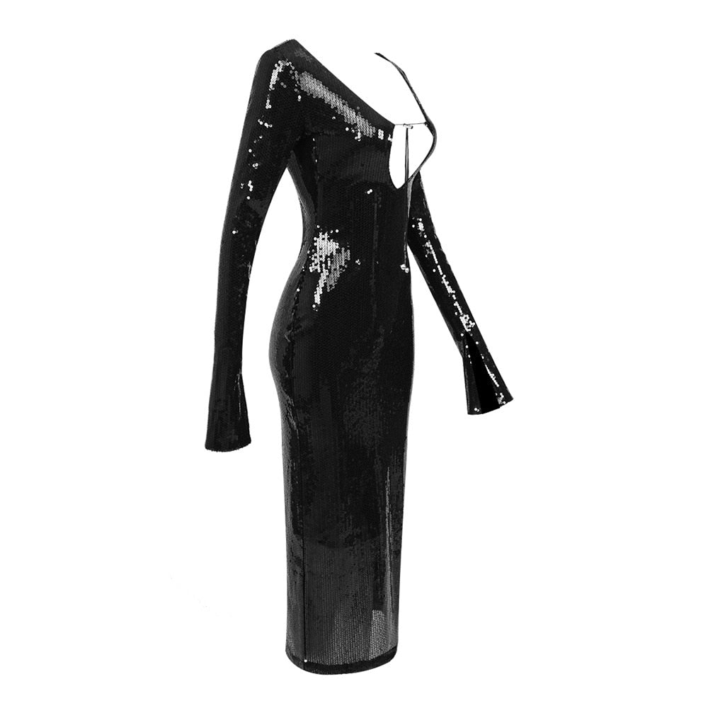 Sequined Black Maxi Dress with Open Back -  - DINIBLO 