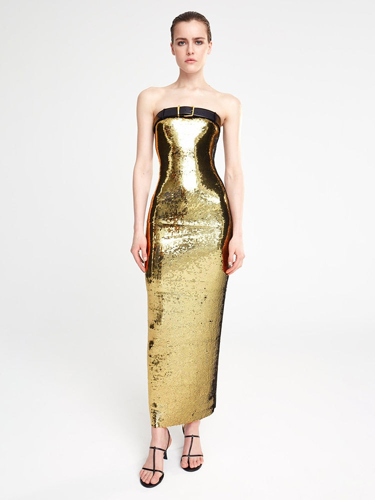 Gold Sequin Strapless Slip Dress - Dresses - DINIBLO 