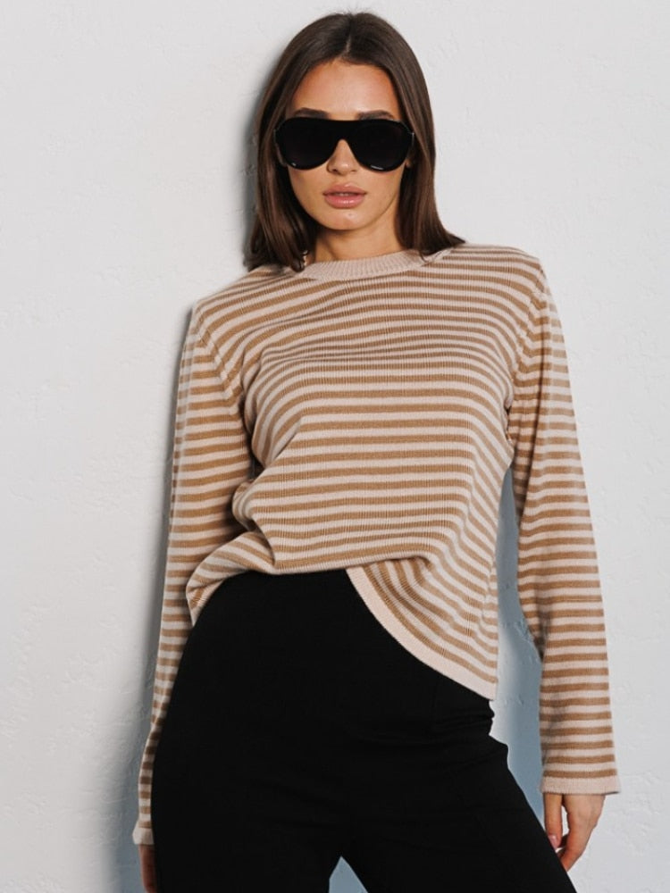 Striped Women's Sweater New Fashion Thread Contrast Round Neck Knit Pullover Office Lady Loose Knitwears Womens Clothing Tops -  - DINIBLO 