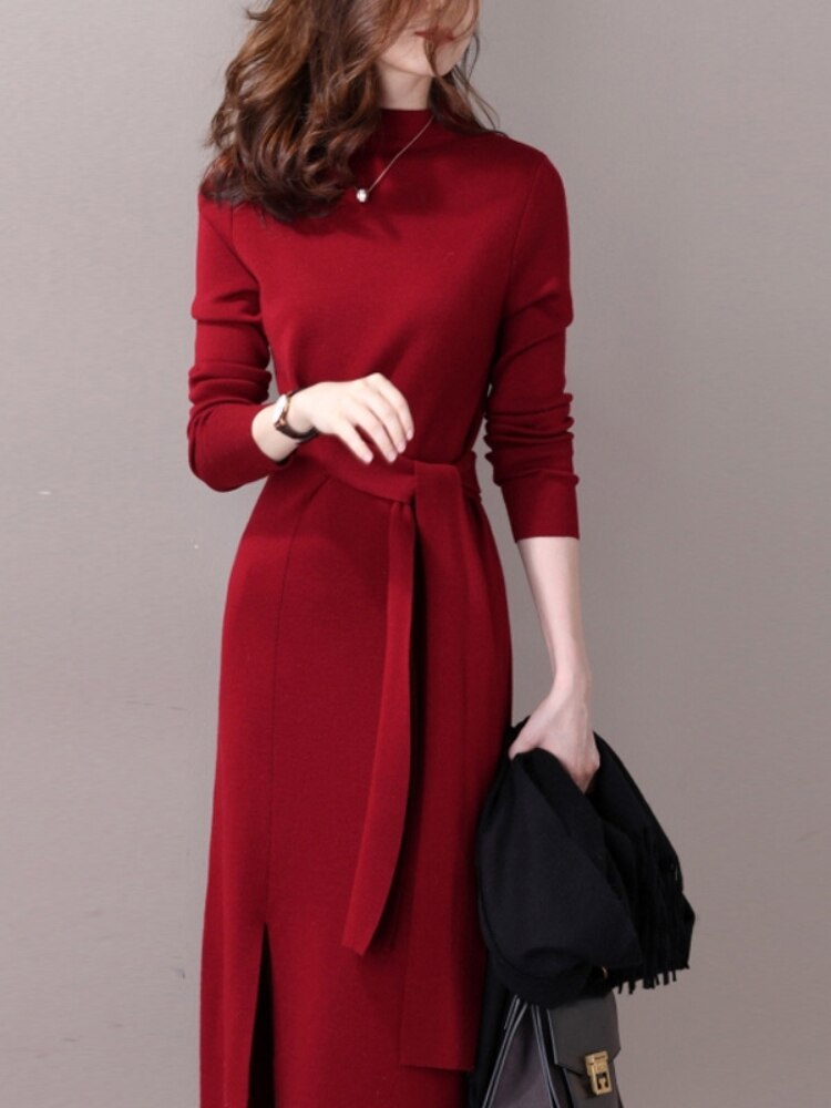 Half-necked Knitted Dress Women's Autumn Winter New Strap Temperament Split Base Sweater Skirt Dress for Women Sweaters Pullover -  - DINIBLO 