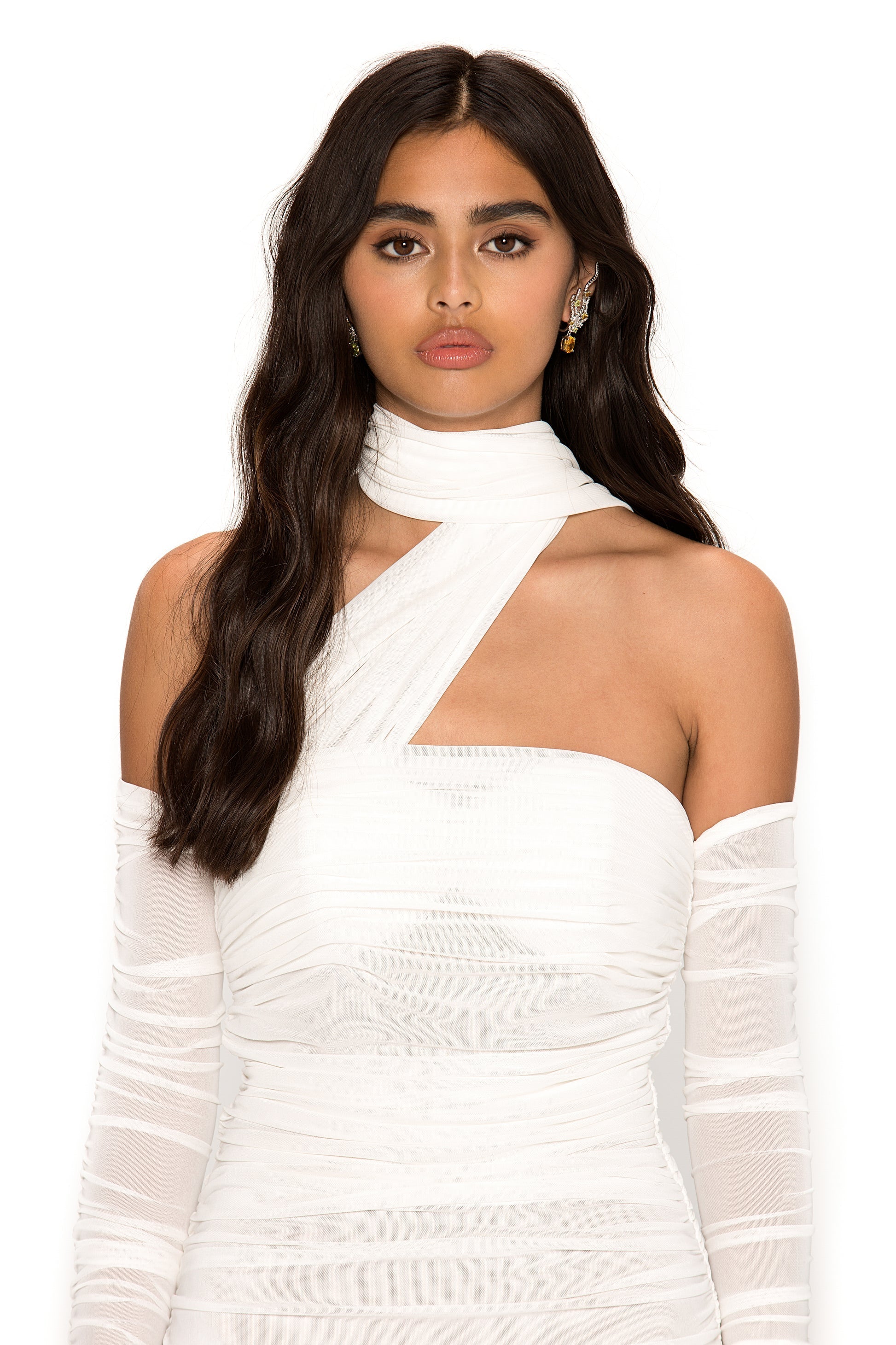 Draped  White Maxi Dress with Gloves -  - DINIBLO 