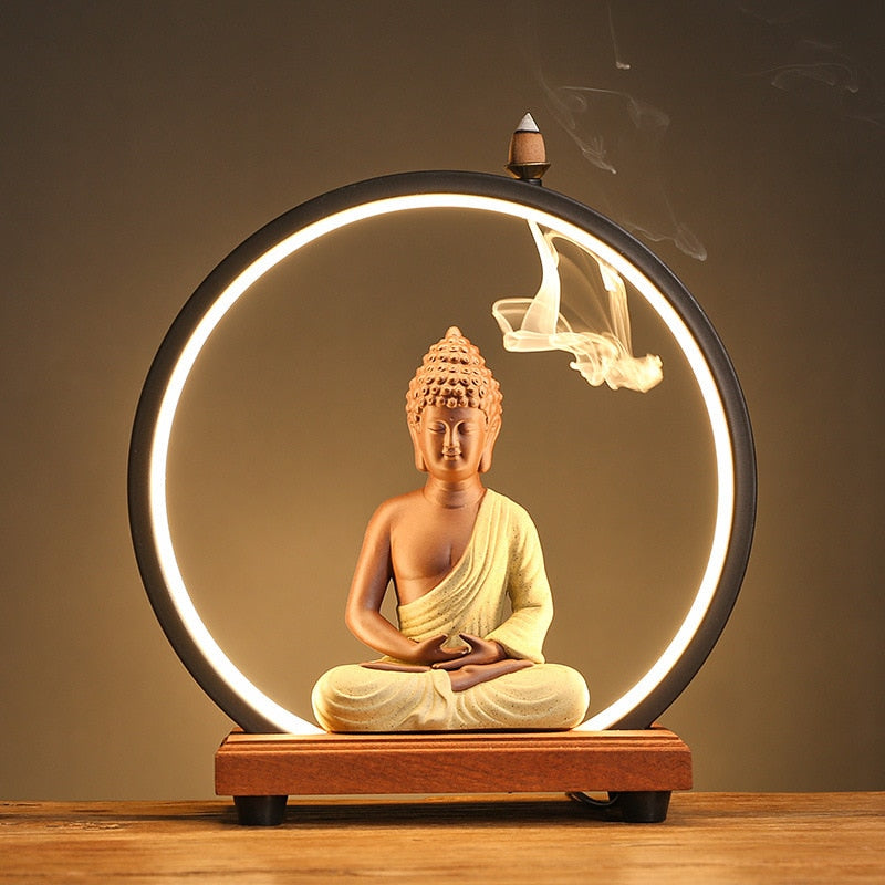 LED Buddha Monk Zen Backflow Incense Burner Ornament For Living Room Yoga Meditation - Incense Holders - DINIBLO 