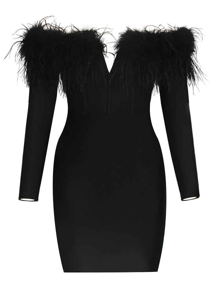 Off Shoulder Feather Mini Dress - Dresses - DINIBLO 