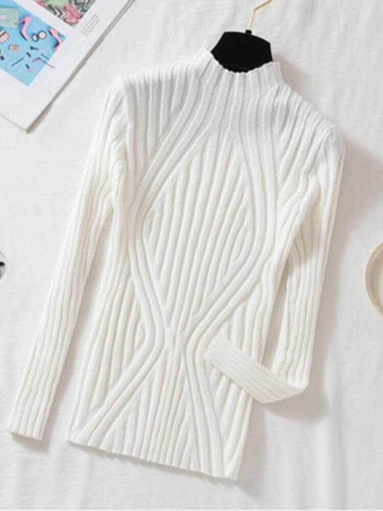 Semi-turtleneck Knitted Bottoming Shirt Long Sleeve Shirt Autumn Winter New Tight Pit Sweater Pullover for Women Sweater Women -  - DINIBLO 