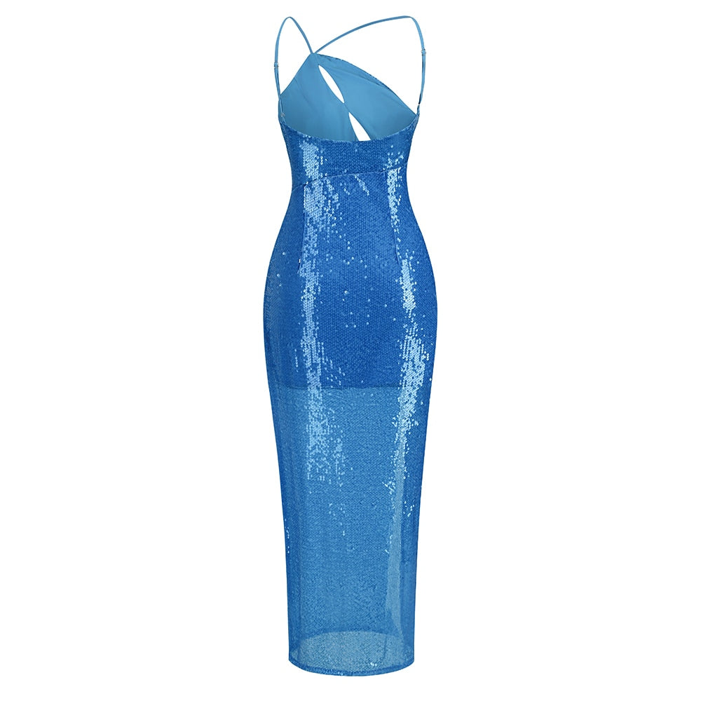 Blue Sequin High Split Gown - Dresses - DINIBLO 