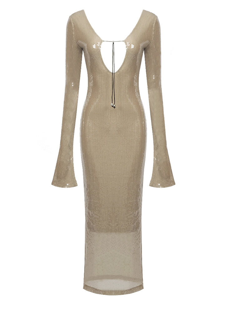 Sequined Beige Maxi Dress -  - DINIBLO 