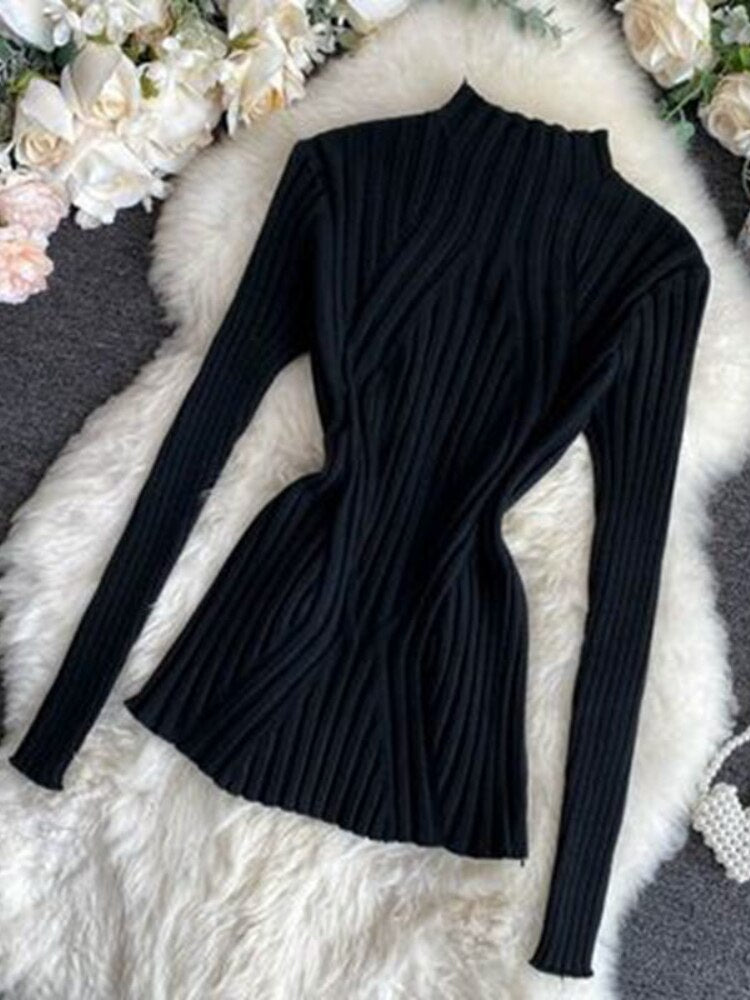 Semi-turtleneck Knitted Bottoming Shirt Long Sleeve Shirt Autumn Winter New Tight Pit Sweater Pullover for Women Sweater Women -  - DINIBLO 