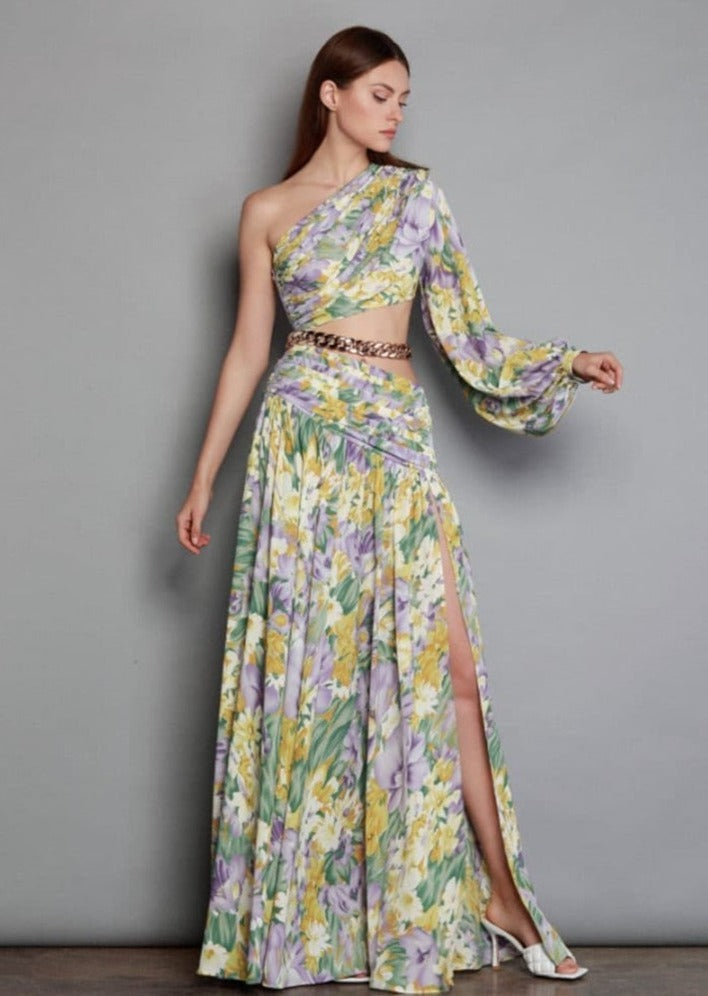 Asymmetrical Purple Floral Maxi Dress -  - DINIBLO 