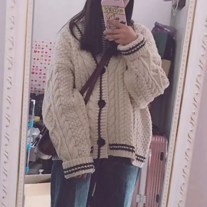 Beige Star Cute College Single Breasted Sweater Women 2022 Autumn Korean Woman Sweaters Contrast Color V-neck Knitted Cardigan -  - DINIBLO 