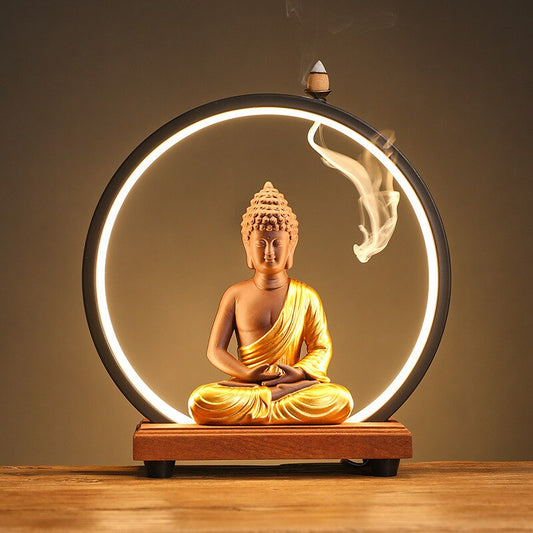 LED Buddha Monk Zen Backflow Incense Burner Ornament For Living Room Yoga Meditation - Incense Holders - DINIBLO 