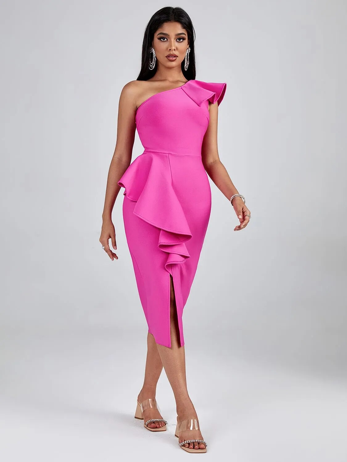 Chic Pink Ruffle Bandage Dress - Dresses - DINIBLO 