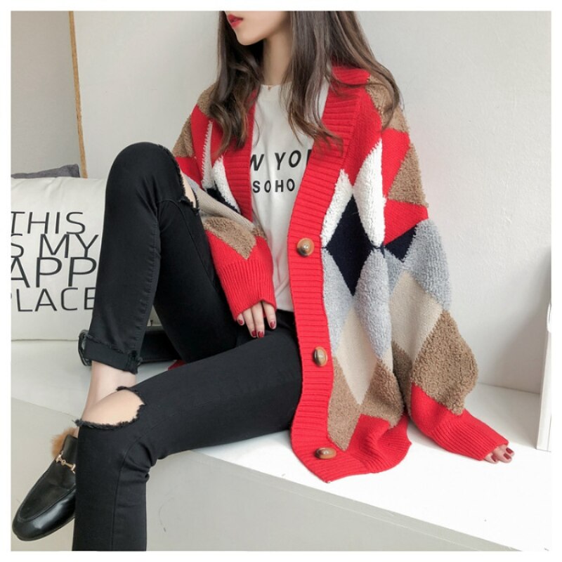 Luxury Cardigans Plaid Loose Button Puff Sleeve Knitted Cardigan Female Warm Y2K Tops Sweaters S-XL Long Cardigans Women 2023 -  - DINIBLO 