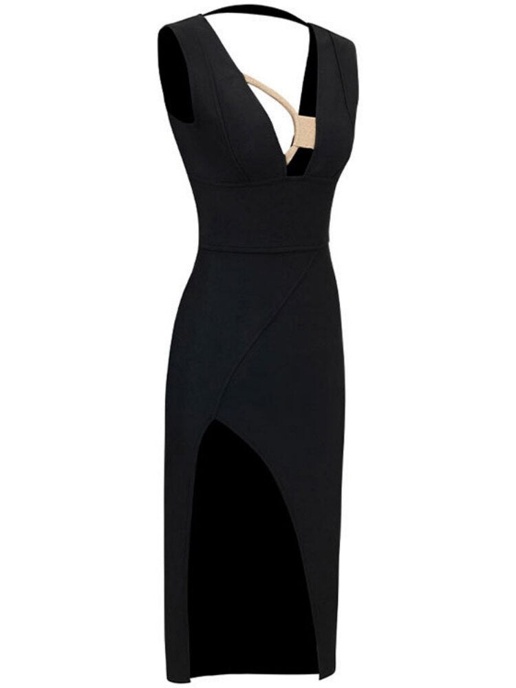 Black Slit Midi Dress with Deep Neckline -  - DINIBLO 