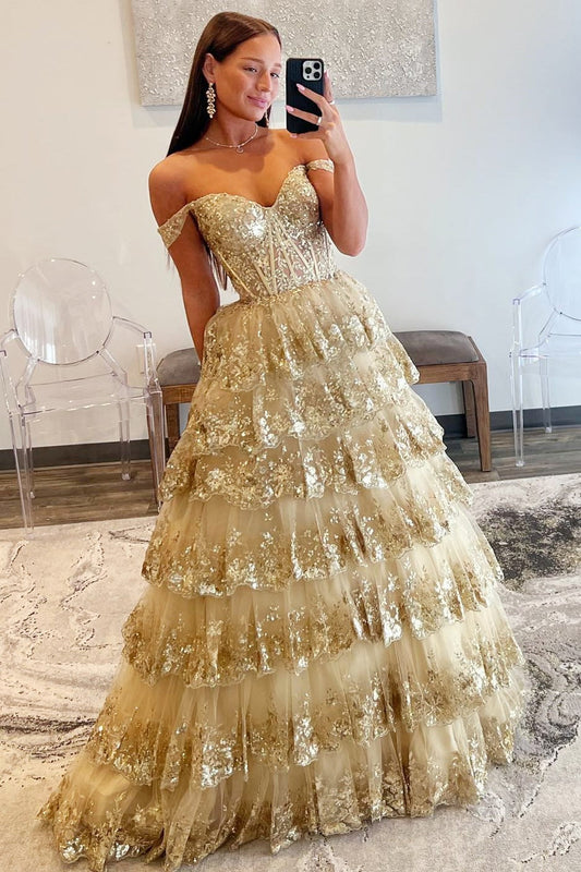 Leona |Princess Off the Shoulder Sequined Lace Prom Dress - Prom Dress - DINIBLO 