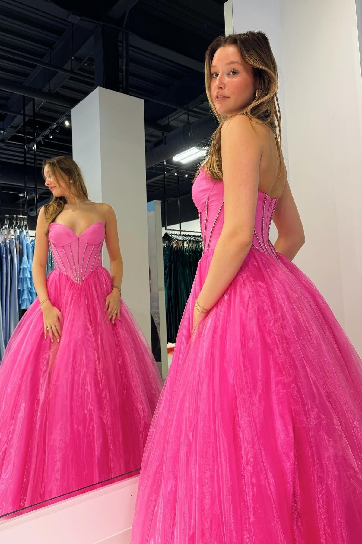 Strapless Beaded Ball Gown with Slit in Hot Pink - Prom Dresses - DINIBLO 