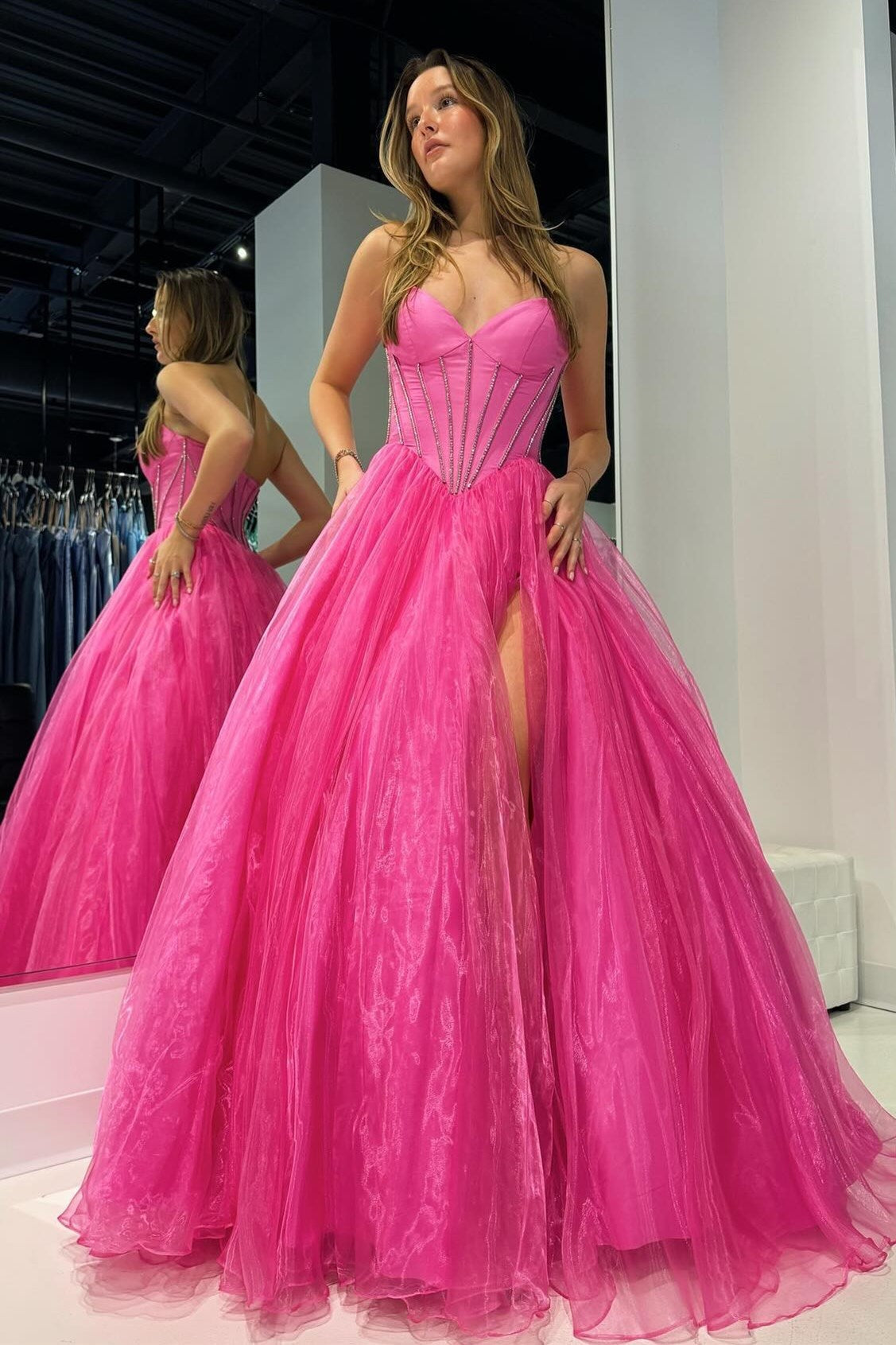 Strapless Beaded Ball Gown with Slit in Hot Pink - Prom Dresses - DINIBLO 