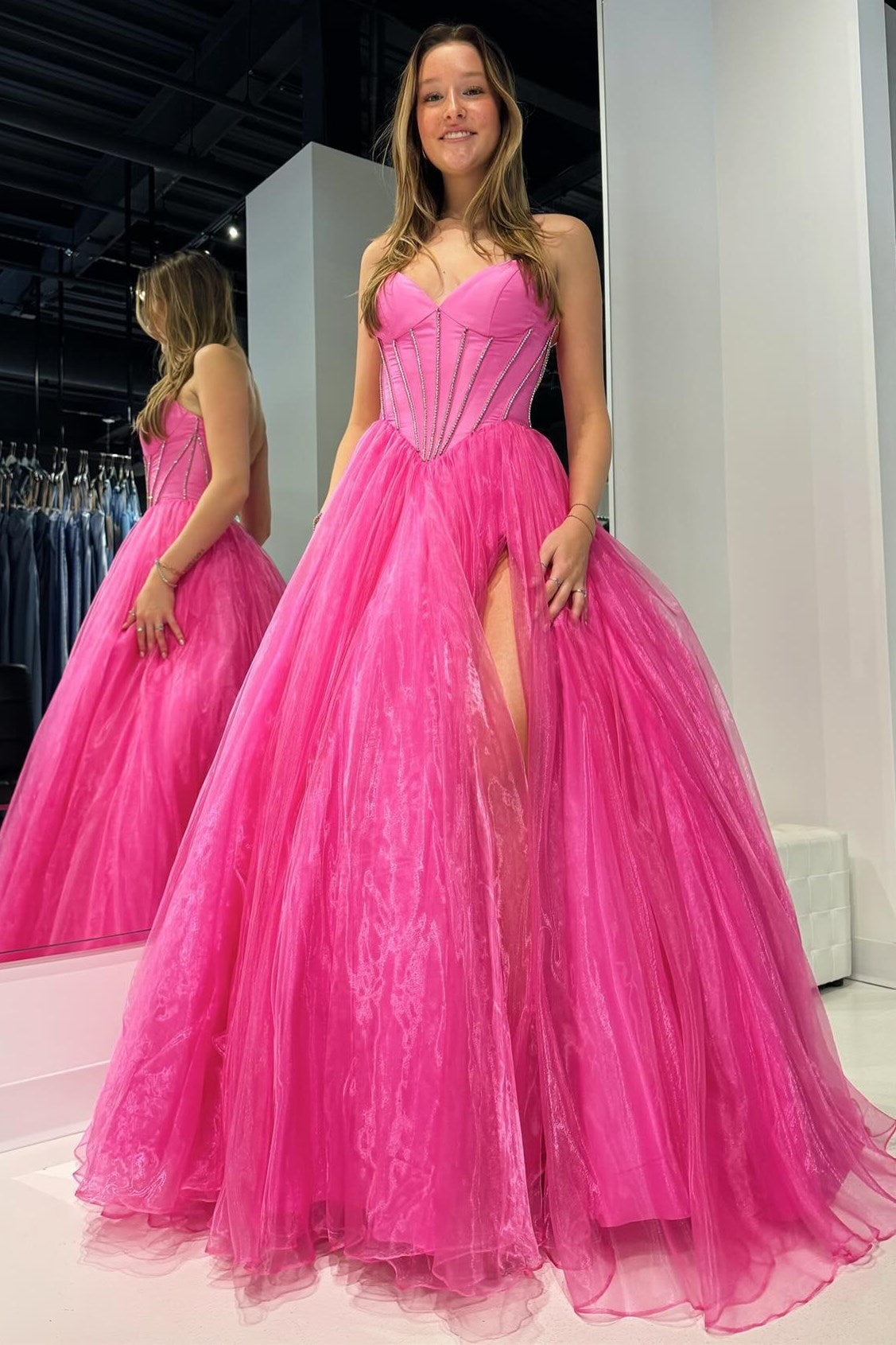 Strapless Beaded Ball Gown with Slit in Hot Pink - Prom Dresses - DINIBLO 