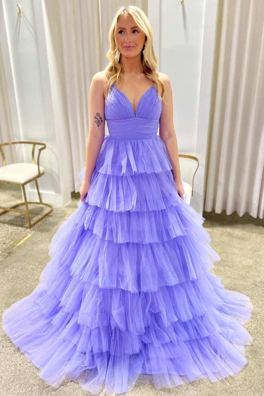 Lavender V-Neck Ruffle Tiered Long Prom Gown - Prom Dresses - DINIBLO 