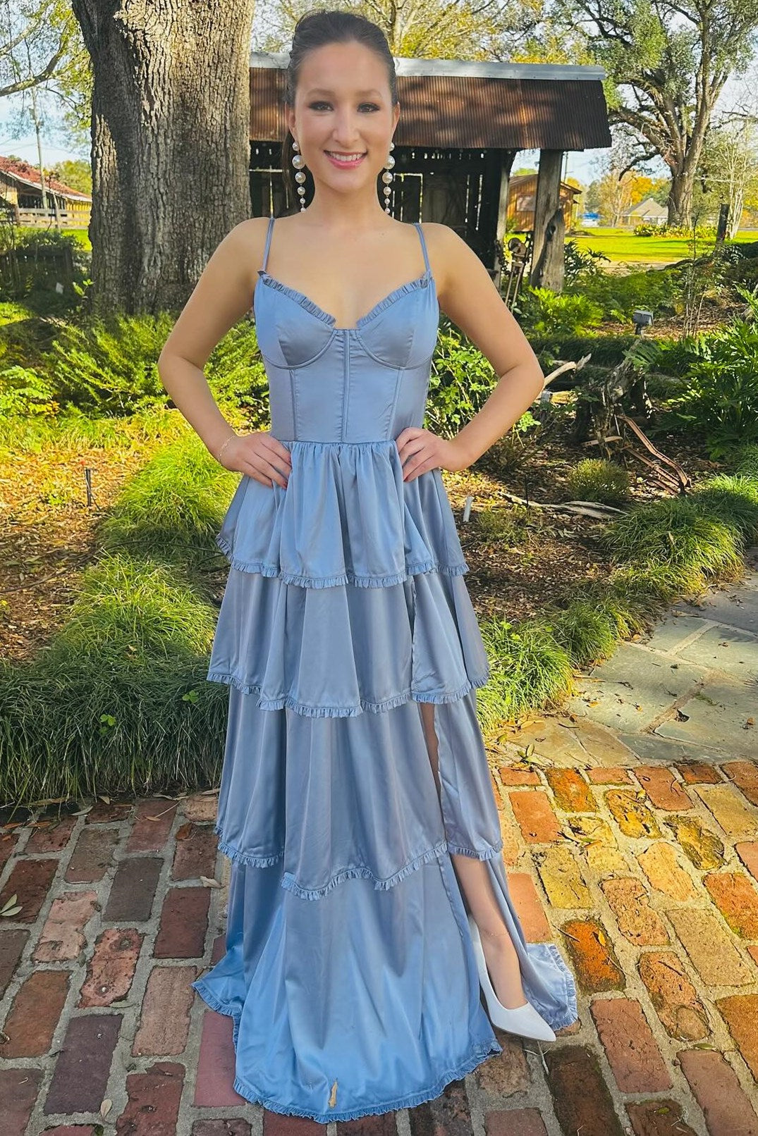 Periwinkle Corset Multi-Layer Ruffle Long Prom Dress - Prom Dresses - DINIBLO 