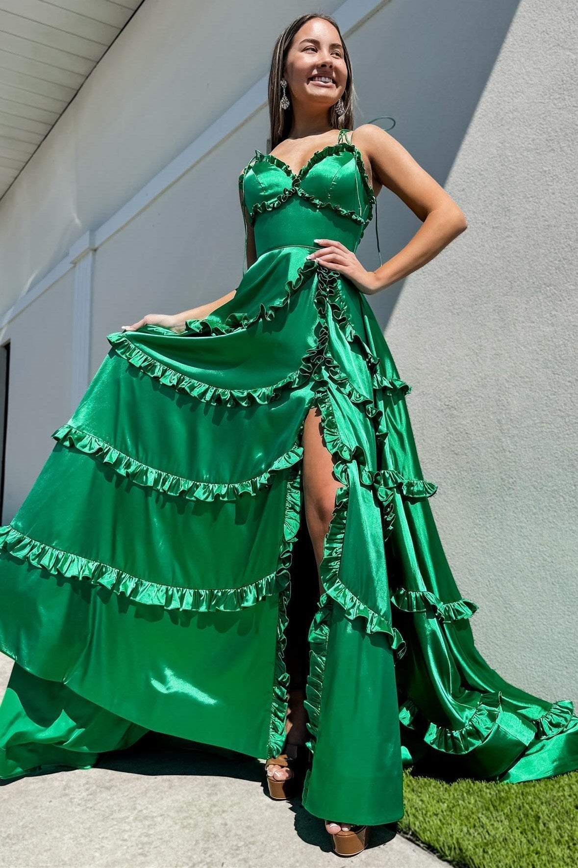 Green V-Neck Backless Ruffle A-Line Prom Gown with Slit - Prom Dresses - DINIBLO 