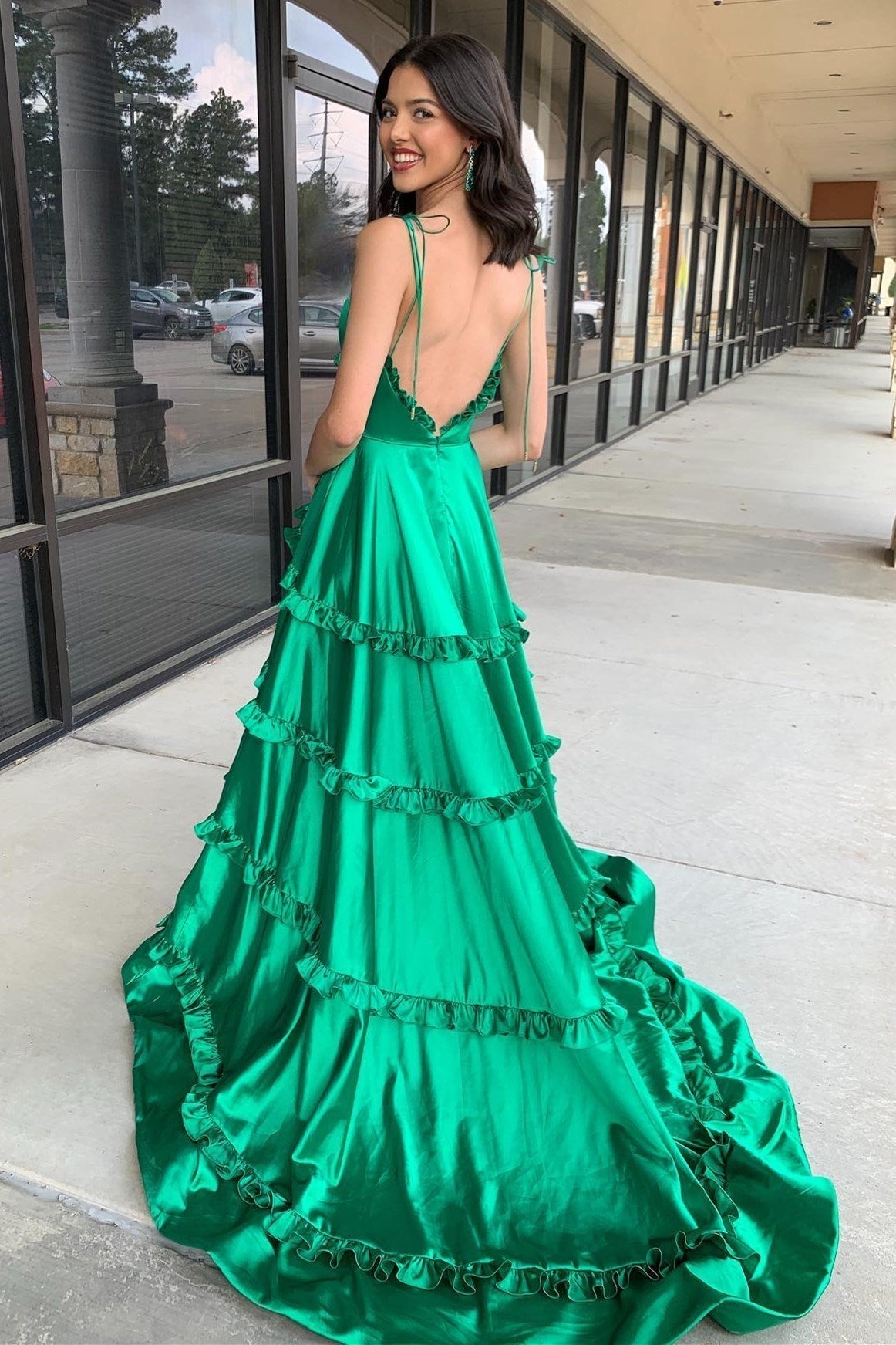 Green V-Neck Backless Ruffle A-Line Prom Gown with Slit - Prom Dresses - DINIBLO 