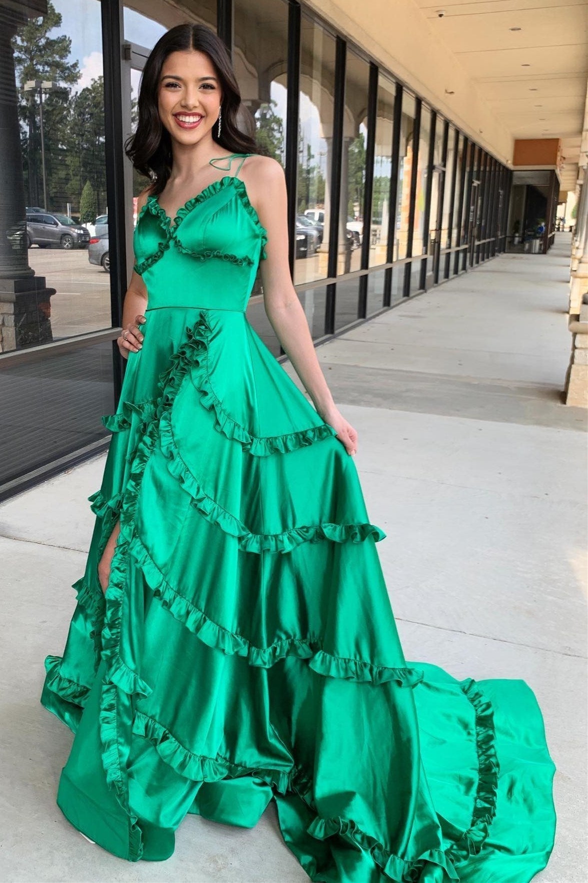 Green V-Neck Backless Ruffle A-Line Prom Gown with Slit - Prom Dresses - DINIBLO 