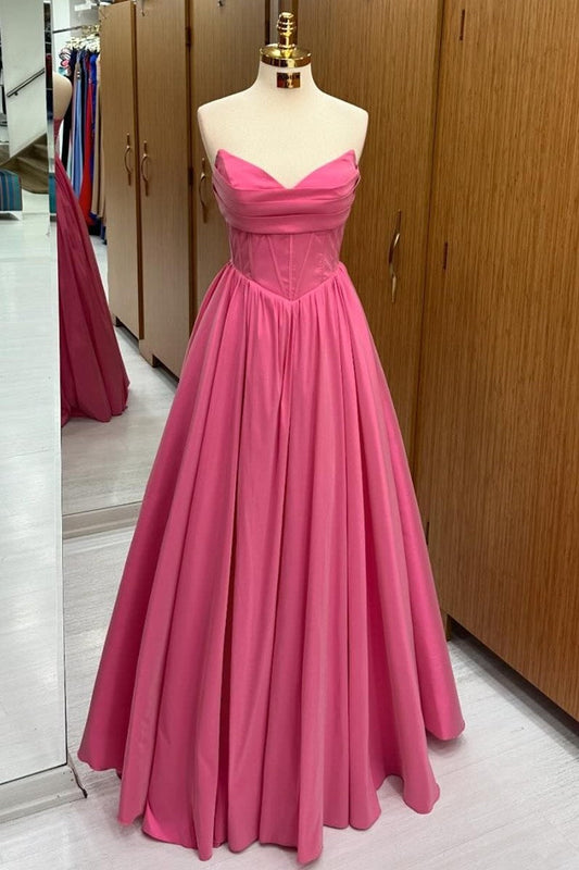 Hot Pink Strapless Lace-Up A-Line Long Formal Dress - Prom Dresses - DINIBLO 