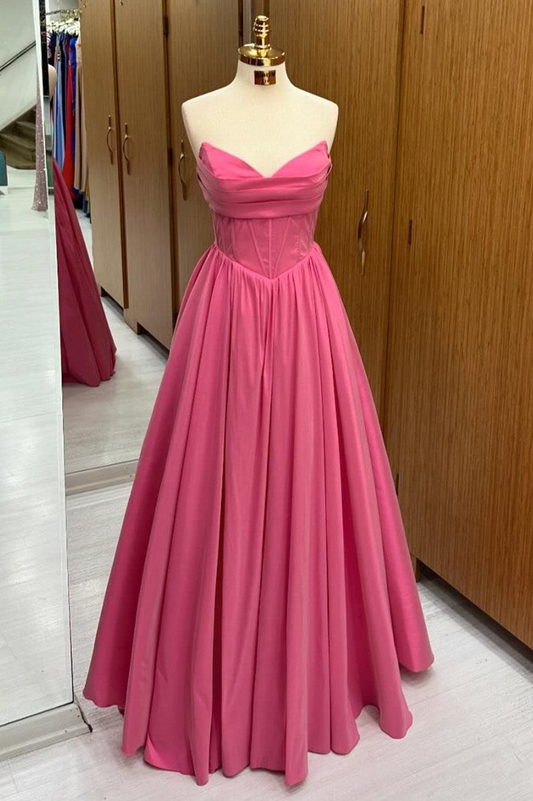 Hot Pink Strapless Lace-Up A-Line Long Formal Dress - Prom Dresses - DINIBLO 