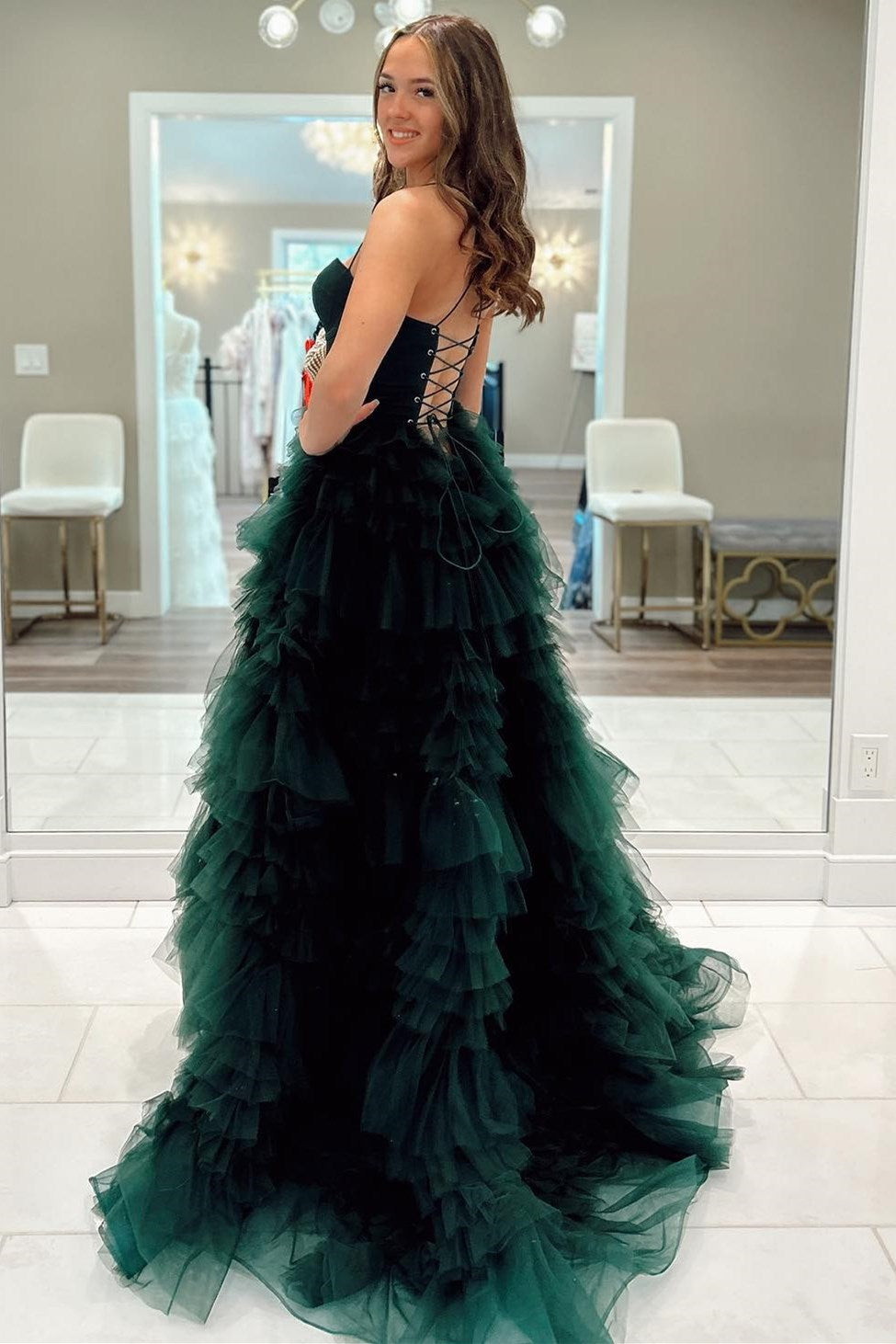 Emerald Sweetheart Lace-Up Ruffle Prom Gown with Slit - Prom Dresses - DINIBLO 