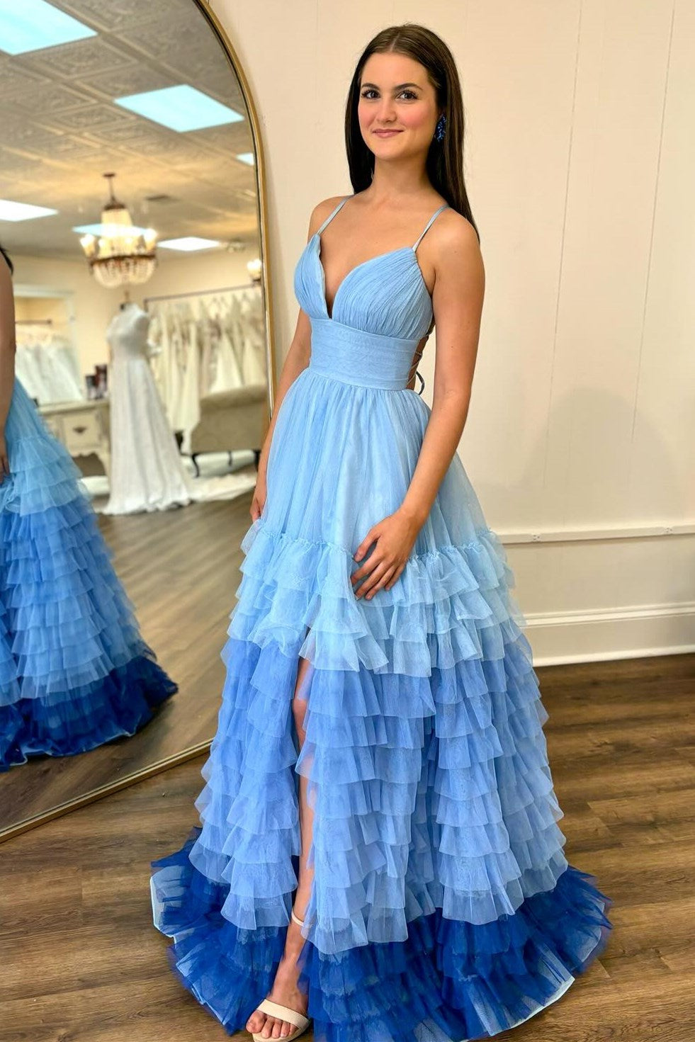 V-Neck Ruffle Tiered Prom Dress in Lavender and Purple Ombre - Prom Dresses - DINIBLO 