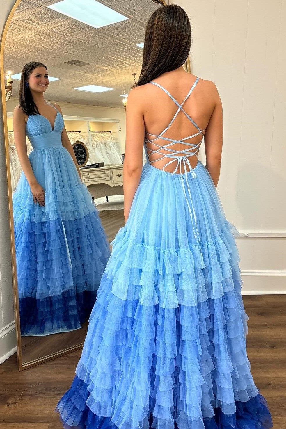 V-Neck Ruffle Tiered Prom Dress in Lavender and Purple Ombre - Prom Dresses - DINIBLO 