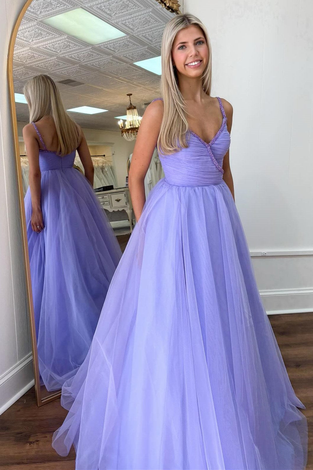 Lavender Beaded Surplice Tulle Prom Dress - Prom Dresses - DINIBLO 