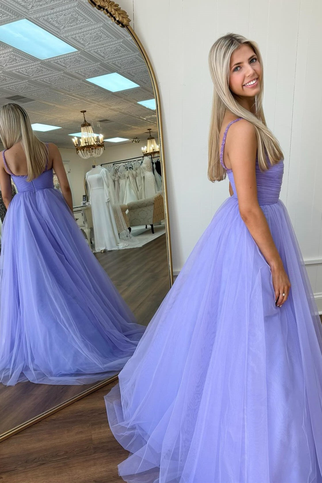 Lavender Beaded Surplice Tulle Prom Dress - Prom Dresses - DINIBLO 