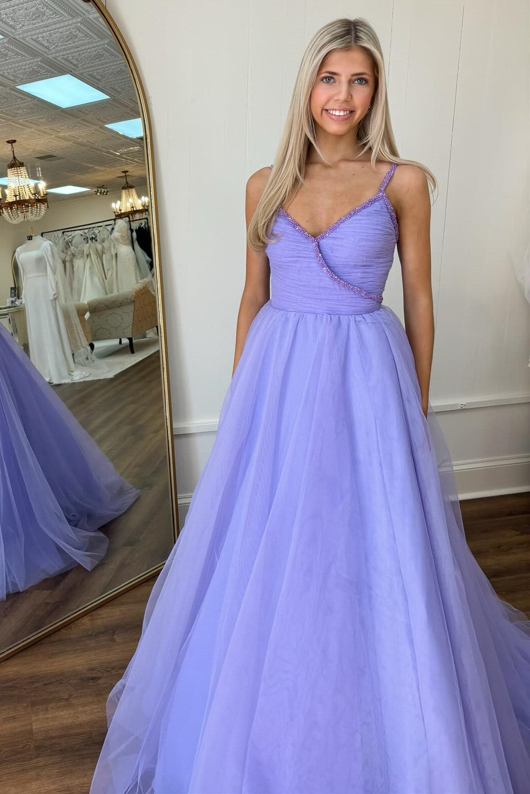 Lavender Beaded Surplice Tulle Prom Dress - Prom Dresses - DINIBLO 