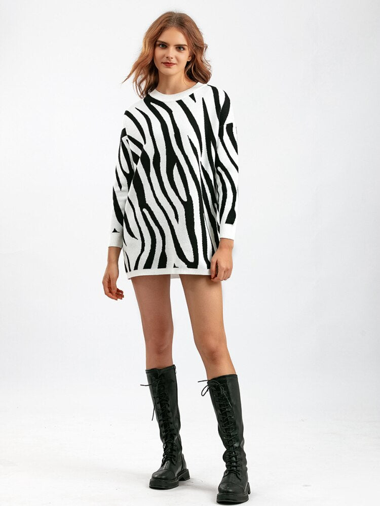 Fashion Woman Blouse 2023 Sweater Autumn Winter New Zebra Pattern Fashion Pullover Round Neck Long Sleeve Top Loose Knitwears -  - DINIBLO 