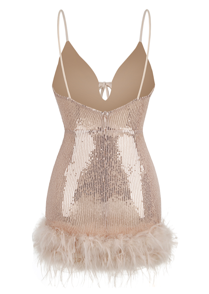 Beige Sequined Mini Dress with Feathers -  - DINIBLO 