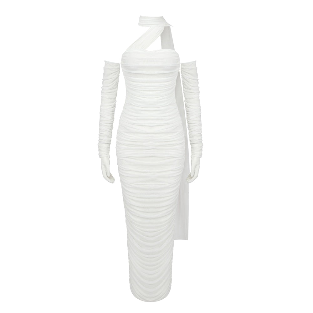 Draped  White Maxi Dress with Gloves -  - DINIBLO 