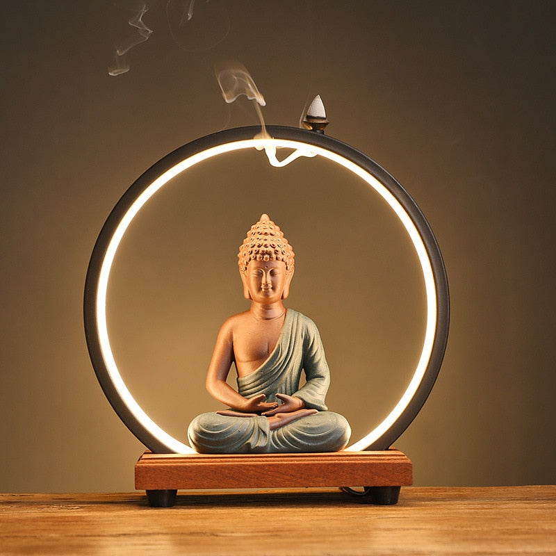 LED Buddha Monk Zen Backflow Incense Burner Ornament For Living Room Yoga Meditation - Incense Holders - DINIBLO 