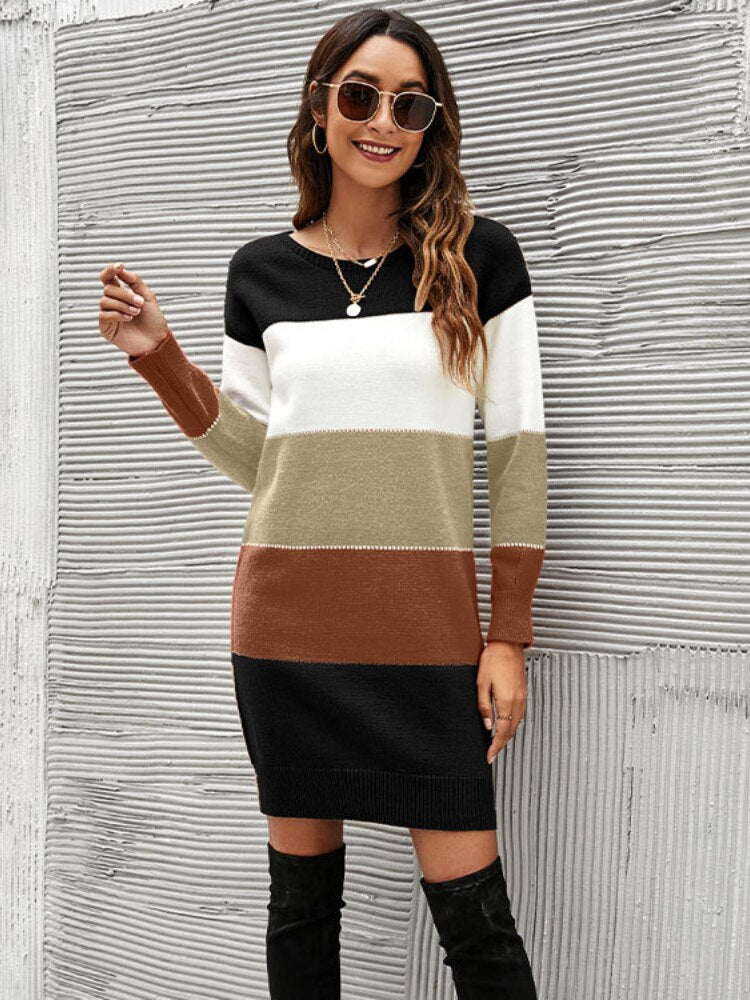 Tops Women 2022 Autumn Winter New Round Neck Sweater Women's Color Matching Dress Long Sweater Long Sleeve Pullover Streetwear -  - DINIBLO 