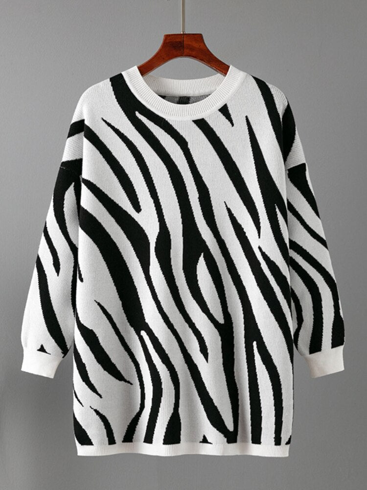 Fashion Woman Blouse 2023 Sweater Autumn Winter New Zebra Pattern Fashion Pullover Round Neck Long Sleeve Top Loose Knitwears -  - DINIBLO 