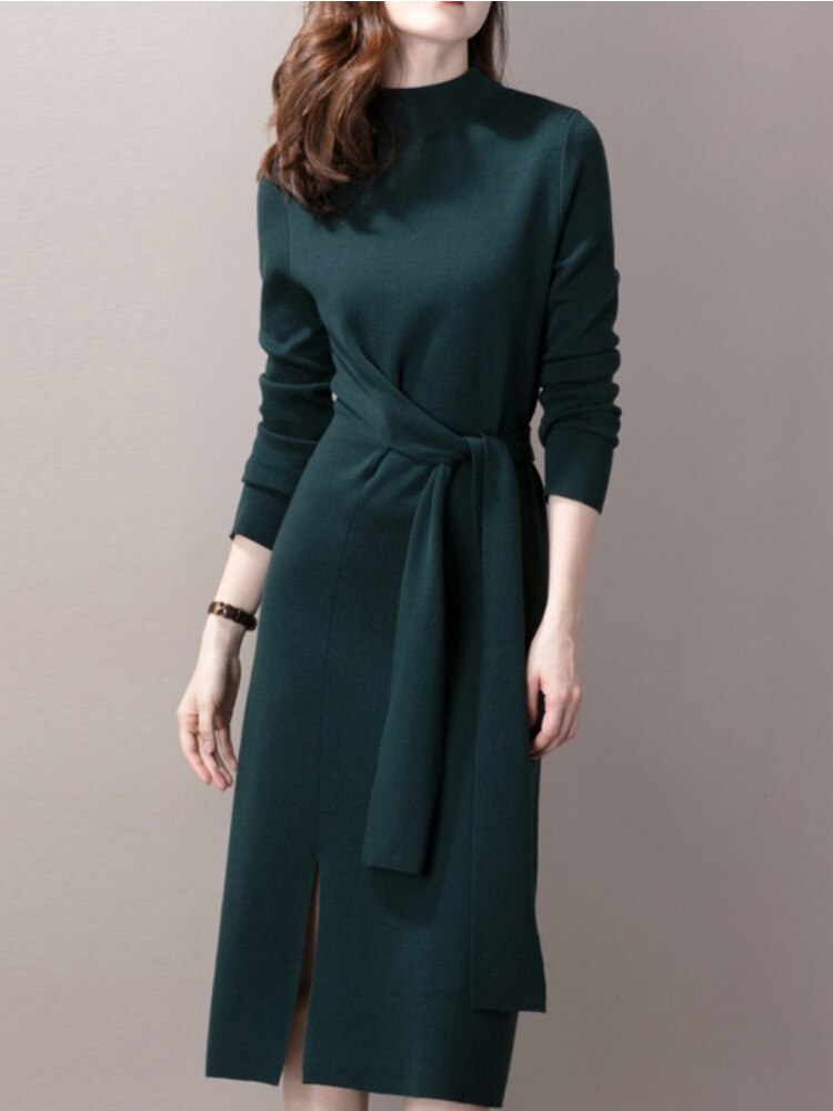 Half-necked Knitted Dress Women's Autumn Winter New Strap Temperament Split Base Sweater Skirt Dress for Women Sweaters Pullover -  - DINIBLO 