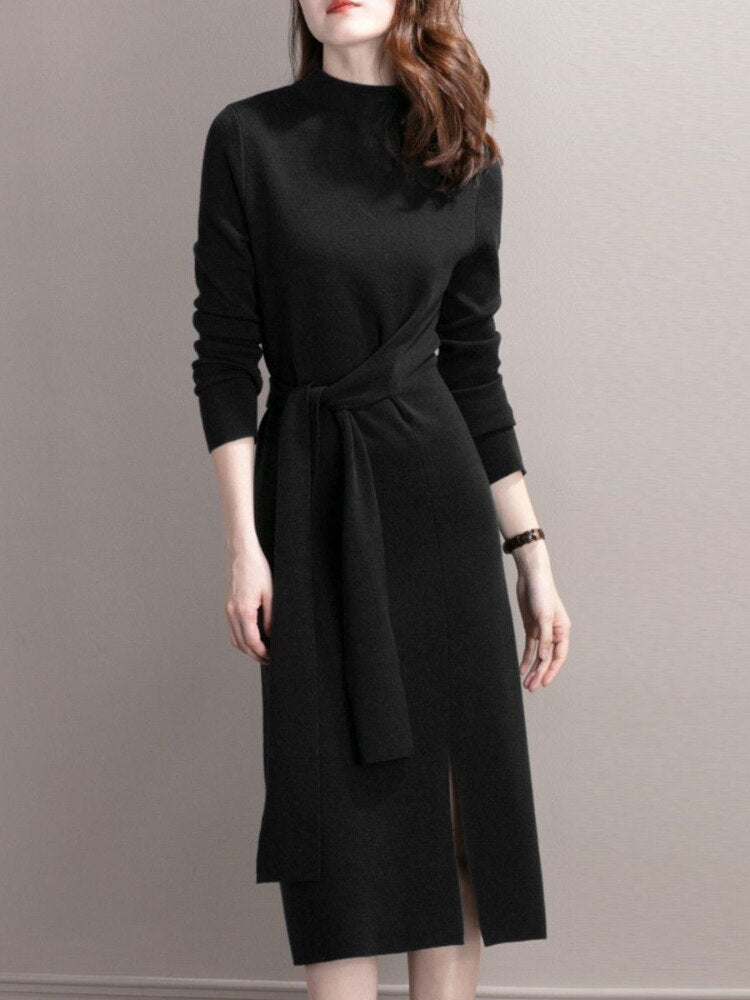 Half-necked Knitted Dress Women's Autumn Winter New Strap Temperament Split Base Sweater Skirt Dress for Women Sweaters Pullover -  - DINIBLO 