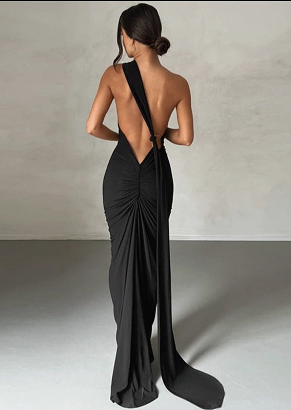 Draped Black Maxi Dress with Asymmetrical Neckline -  - DINIBLO 