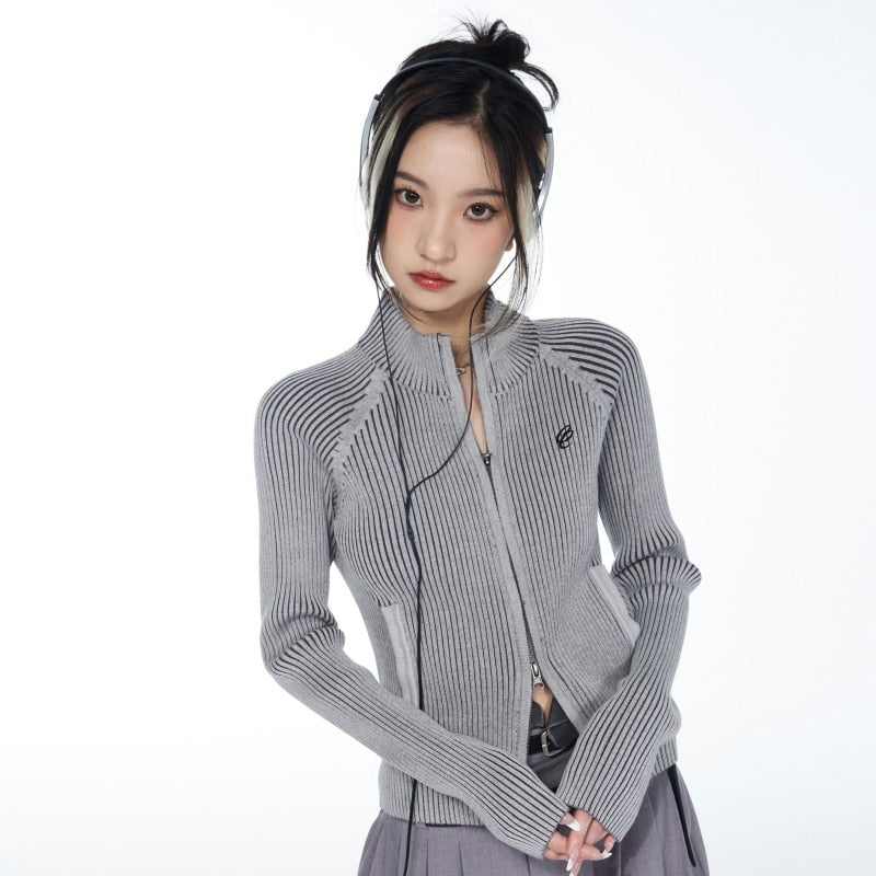 Vintage Double Zip Street Long Knitted Cardigan Women Coat Spring Cool Girl Autumn Slim Sweaters Y2k Aesthetic Jackets 2023 -  - DINIBLO 